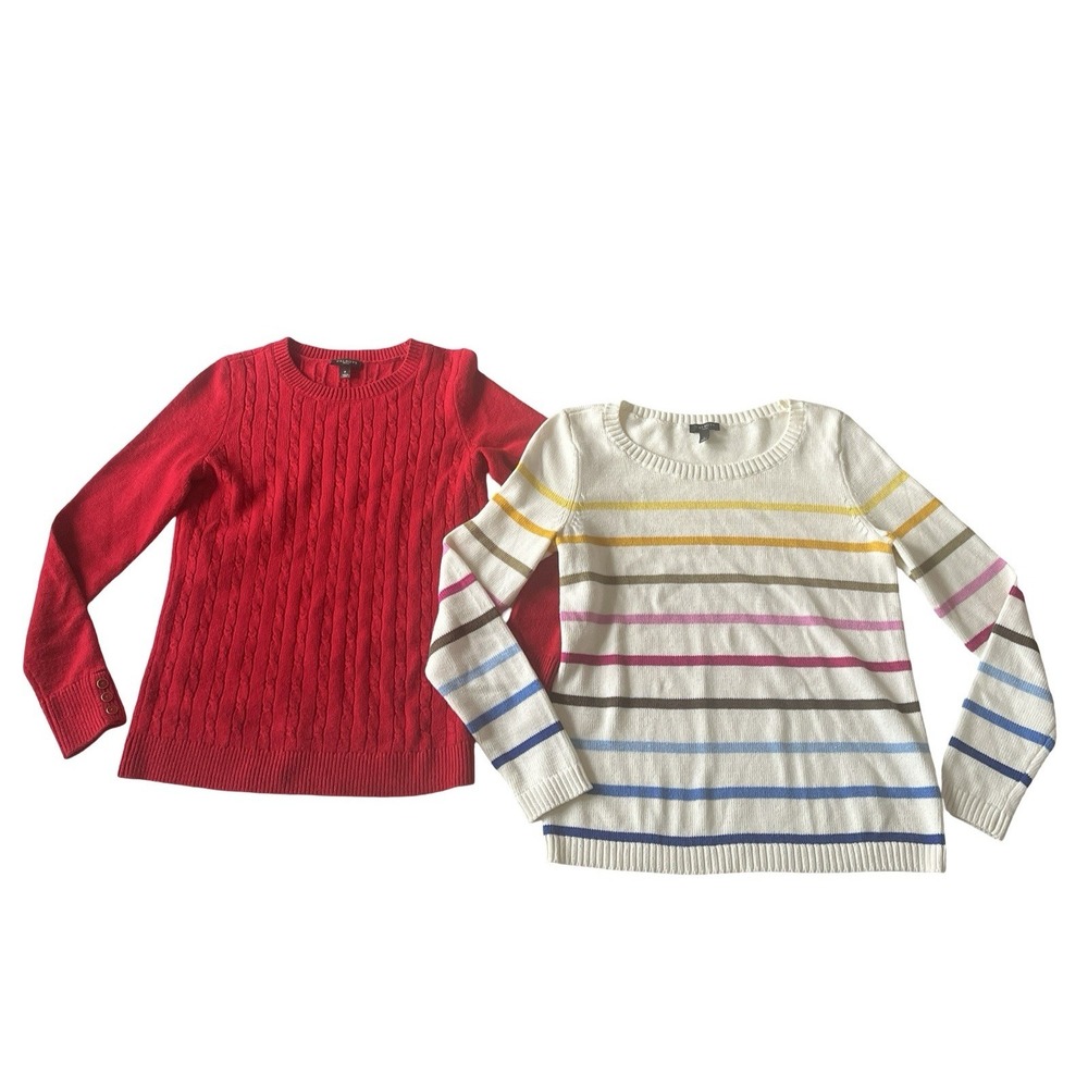 Talbots Petites Size P Long Sleeve Sweaters, Lot of 2, Red Cable Knit & Rainbow